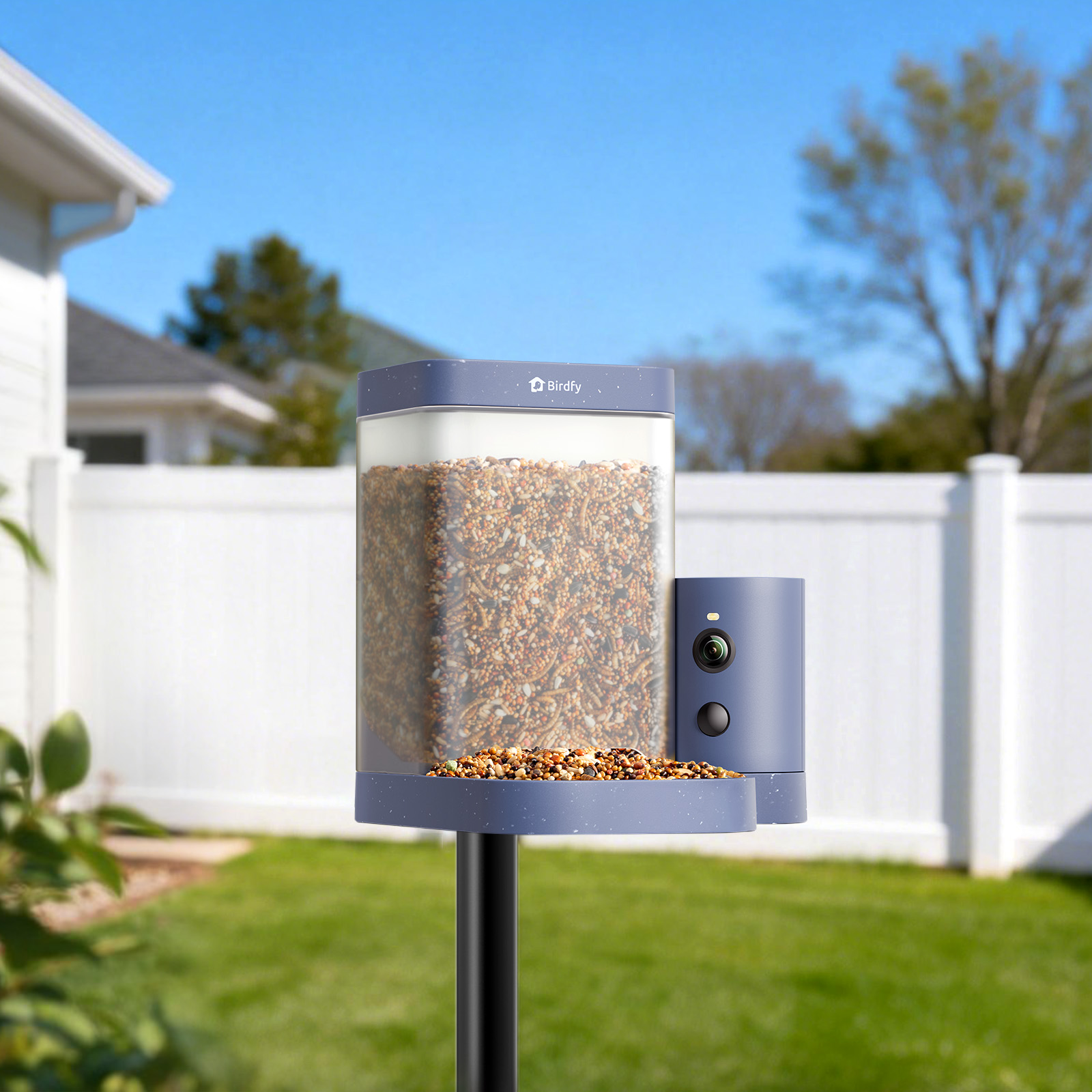 Birdfy Feeder Rookie zamontowany w ogrodzie
